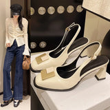 2026 Summer New Metal Square Buckle Baotou Thick Heel Sandals Women Korean Shallow Mouth Slip-On Back Strap Sandalias De Mujer