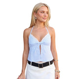 Women's Summer Halter Neck Camisole Sleeveless Open Back Deep V Neck Striped Cami Tank Tops