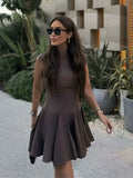 Foridol Stand Collar Sleeveless Pleated Tank Dress for Women Brown Casual Short Autumn Winter Dress Zip Black Ladies Vestidos