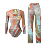 S - XXL New Printed Long Sleeve With Pants Women Swimwear One Piece Swimsuit Female Floral Padded Bather Bathing Suit Swim V7176