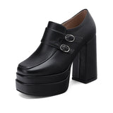 Plus Size Double Row Small Buckle Side Zipper Square Toe Double Layer Platform High Thick Heel Women's Pumps Shallow High Heels