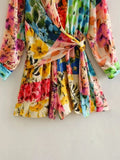 Foridol Floral Boho Tie Dyed Summer Long Sleeve Romper Playsuit Overall Beach Button Shirt Spring Wide Leg Romper Jumpsuit