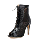 Plus Size 32-48 Sexy Black Mesh Lace Jazzi Summer Boots Women Elegant Peep Toe Thin High Heels Zip-up Ankle Boots Party Shoes