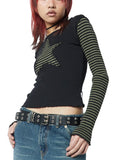 Early Autumn Punk Style Slim Fit T-shirt Women Long Sleeve Crew Neck Star Stripes Patchwork Ladies Tops for Casual Daily