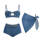 3Pcs Denim Printed Bikini 2026 Women Sexy Swimsuit Leather Strap Swimwear Bandeau Biquini Female Push Up Bathing Suit Beachwear