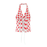 Spring And Summer New Style Sweet Red Plaid Unique Back Drawstring Top Halter Neck V-neck Sexy Slim-fit Tank Top Casual UH75