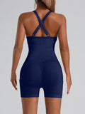 Adjustable Crisscross Back Fitness One Piece Jumpsuit Side Phone Pocket Tummy Control Athletic Yoga Bodysuit