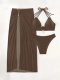 3 Pieces Halter Bikinis 2026 Solid Swimwear Female Sexy Swimsuit Women With Mesh Beach Dress Bathers Bathing Swimming Swim Suit