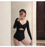 Swimsuit one-piece conservative high-waist belly-covering long-sleeved sun protection hot spring resort swimsuit