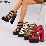 Fashion Roma Style Women Ankle Gladiator Sandals 14cm Heel Platform Buckle Straps Large Size 34- 41 42 43 Dating Shoes Summer