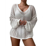 S - XL New V Neck Long Sleeve Crochet Knitted Tunic Beach Cover Up Cover-ups Beach Dress Beach Wear Beachwear Female Women V8284
