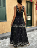 Bohemian Style Print Sleeveless Long Dresses Women Summer V-neck Backless Leace-up Slit Dress Casual Lady Vacation Vestidos