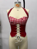 Summer Red White Plaid Corset Women Hanging Neck Bandage Cross Slim Fishbone Tank Top Retro Sleeveless Y2K Club Party Camisole