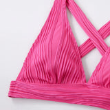 Wrinkled Crinkled Cross Back Bikini Women Swimwear Female Swimsuit Two-pieces Bikini Set High Cut Bathing Suit Swim Beach Wear