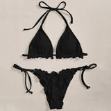 Ribbed Ruffled Frilled Brazilian Bikini Women Swimsuit Female Swimwear Two Pieces Bikini Set Halter String Bathing Suit Swim