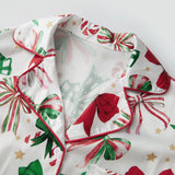 Women's 2025 Satin Christmas Pajama Set Long Sleeve Lapel Bow Print Shirt Wide Leg Shorts Loose Two Pieces Sleepwear