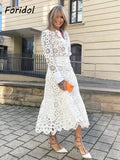 Spring Women Summer White Lace Dress Set Hollow Out Embroidery Shirt Skirt 2 Pcs Robe Outfits Single Breasting Cotton Maxi Dress