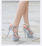 2026 New Silver Narrowband Women's Sandals 14CM Party Banquet Dress Shoes Summer Stiletto Nightclub Platform Crystal High Heels