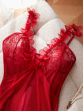 Sexy Lace Mesh Patchwork Front Open Pajamas Comfortable And Casual Long Women's Nightgown With Thongs Nightdress