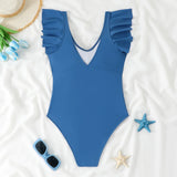 2026 Sexy Ruffle Swimsuit One Piece V-neck Drawstring Swimwear Women Bathers Bathing Swimming Swim Suit Female Beachwear XXL
