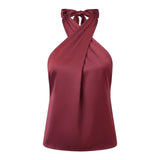 Women Fashion Sleeveless Halter Neck Tank Tops Summer Solid Color Backless Satin Casual Vests Streetwear