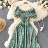 2025 Summer French Vintage Floral Dress Fashion Elegant High-Waisted Drawstring Vestidos Printed Fresh And Sweet Long Dresses