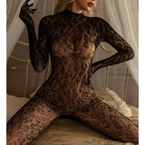 Leopard Body Suit Fishnet Bottom Shirt Women Hollowed Out One-piece Pants Plus Size Lingerie Sexy Body Stockings Black Jumpsuit