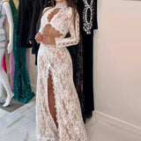 Summer Maxi Dress Women Sexy Sheer Lace Hollow Out Long Sleeve Floral Split Slim Bodycon Solid Casual Beach Party Club Vestidos