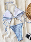 Halter Tummy Cut Out Denim Female Swimwear One Piece Swimsuit Women Backless Monokini High Leg Cut Bathing Suit Swim Beach Wear