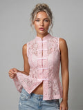 2026 Summer Women's Retro Lace Tops Elegant Mandarin Collar Chinese Frog Buttons Peplum Sleeveless Vest Blouses