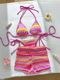 Sexy Red Striped Knitted Bikini Set 2026 Women Patchwork Push Up Bra Thong Swimsuit Beach Bathing Suit Cover Up 3 Piece Swimwear