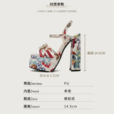Ethnic Bohemia Sandals Women 2026 Summer Shoes Flower Print Ankle Strap Platform Block High Heels Crystal Pearl Studded