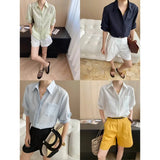 Turn-Down Collar Loose Short-Sleeve Shirt Women White Short Sleeve Shirt Chest Pocket V Neck Button Casual Summer Blouse H9EH