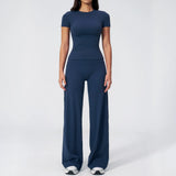 Yoga Set 2 Pieces Women's Tracksuit Short Sleeve O Neck Slim Sports T Shirts High Waist Flare Leggings Gym Running Fitness Suit
