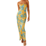 Women's Summer Sleeveless Strapless Long Dress Stylish Floral Print Sleeveless Tube Bodycon Dresses