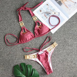 Sexy Rhinestones Thong Bikini Women Green Push Up Glitter Diamond Band 3 Piece Swimsuit Chain Metal Bathing Suit Luxury Swimwear