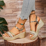 Bohemian Style Wedges Golden Sandals Women Plus Size 43 Summer Platfrom Heighten Sandals Woman Lightweight Ankle Buckle Sandles