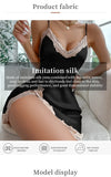 Summer Sleepwear Contrast Lace Silk Satin Nightdress for Women Deep V Backless Lace Up Split Slip Sleep Dress Nightgown