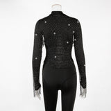 Women Rhinestone Fishnet T-shirt Solid Color Long Sleeve Crop Tops See Through Hollow Out Sexy Shirts Female Smock Tops