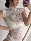 White Sweet Korean Lace Transparent Mesh Flowers Sexy Backless Bandage Top Hot Korean Women Summer Bodysuits Rompers FJ8U