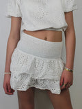 Shirred Mini Skirt A-Line Pointelle High Waist Layered Ruffle Skirt for Women 2024 Summer Solid Color Sweet Skirts