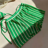 With Shorts Striped Halter Bikini Female Swimsuit Women Swimwear Three-Pieces Bikini Set Padded Bather Bathing Suit Swim V7159
