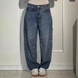 Women's Straight Leg Denim Pants High Waisted Baggy Wide Leg Bling Jeans Casual Sparkly Harem Jeans for Streetwear