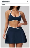 Summer New Outdoor Breathable Yoga Sets Women Color Block Shockproof Sports Bra Tennis Pleate Skirt Gym Workout Fitness Suits