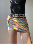 Plaid Double Waistband A-line Short Skirt  Women American Style Street High Waist Casual Collision Color Wrap Hip Skirt OJR7
