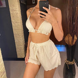 Ruffled Firlled Halter Bikini Women Swimwear Female Swimsuit Three-Pieces Bikini Set With Shorts Bather Bathing Suit Swim V5673