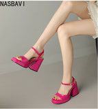 NASBAVI Women Patent Leather Sandals Super Chunky High Heeled Ankle Buckle Shoes Platform Summer Thick Heel Sandal Ladies 35-43