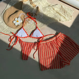 3PCS With Shorts Stripe Halter Fishnet Bikini Women Swimwear Female Swimsuit Three-pieces Bikini Set Bathing Suit Swim Beachwear
