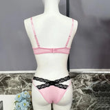 Toucheart Sexy Lace Patchwork Pink Lace Bra Thong Underwear Set For Women Bow Knot Black Lace Up Hollow Out Sexy Lingerie Set