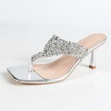 NASBAVI 7cm Thin-heeled Flip-flops for Summer, Shiny Rhinestones, Square-toed, Open-toed, Hermeted Casual Outerwear for Women